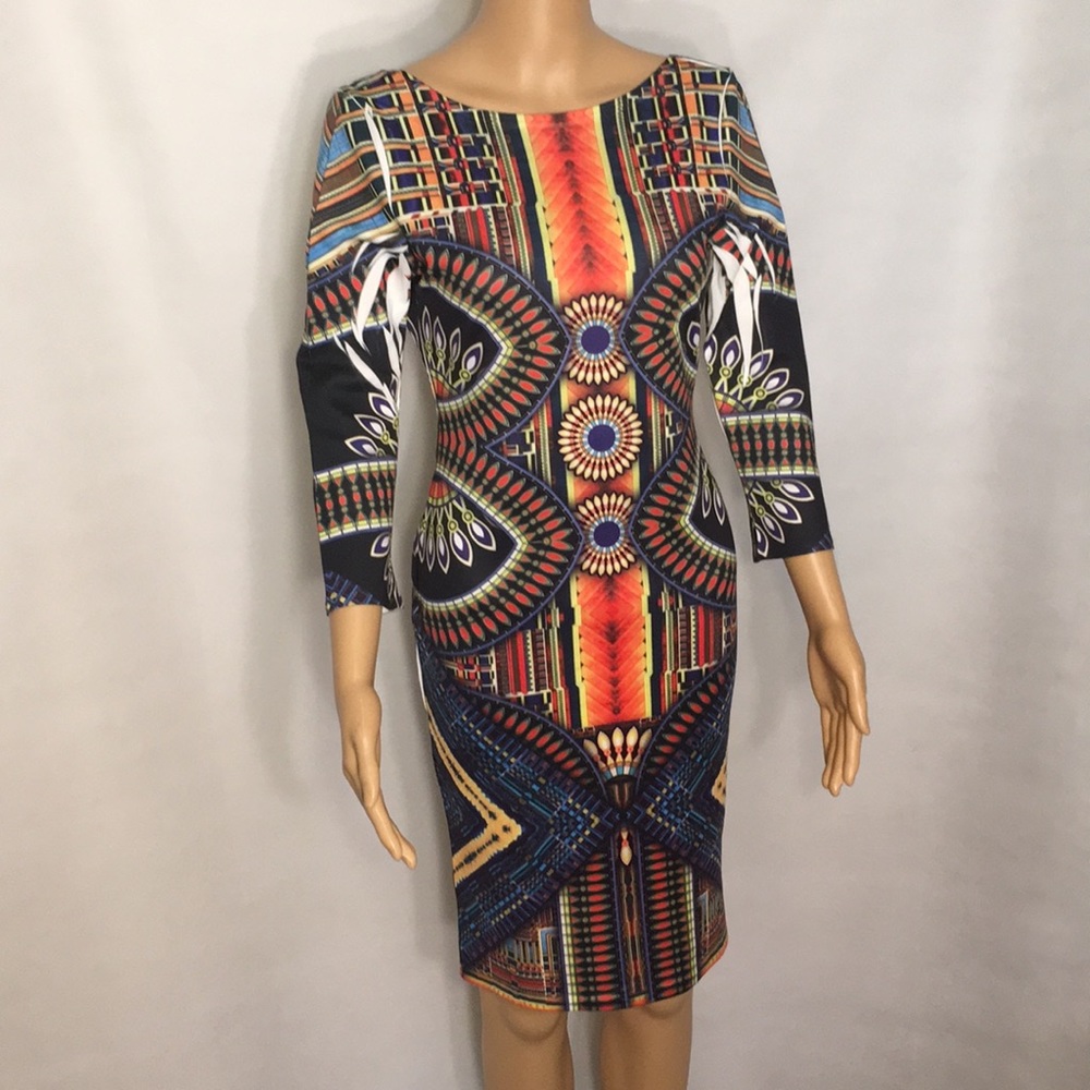Colorful Tribal Print Bodycon Low-Back Dress - Picture 7 of 16